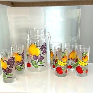 Pitcher and 6 Vintage frosted Fruit glasses - Dartington France